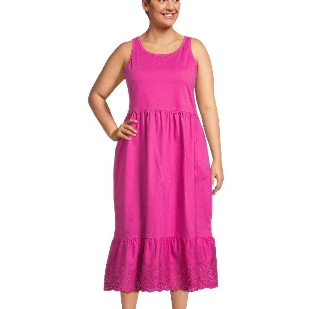 NWT Fuchsia Tiered Cotton Dress 0XL 14W Stretchy Top Eyelet Hem